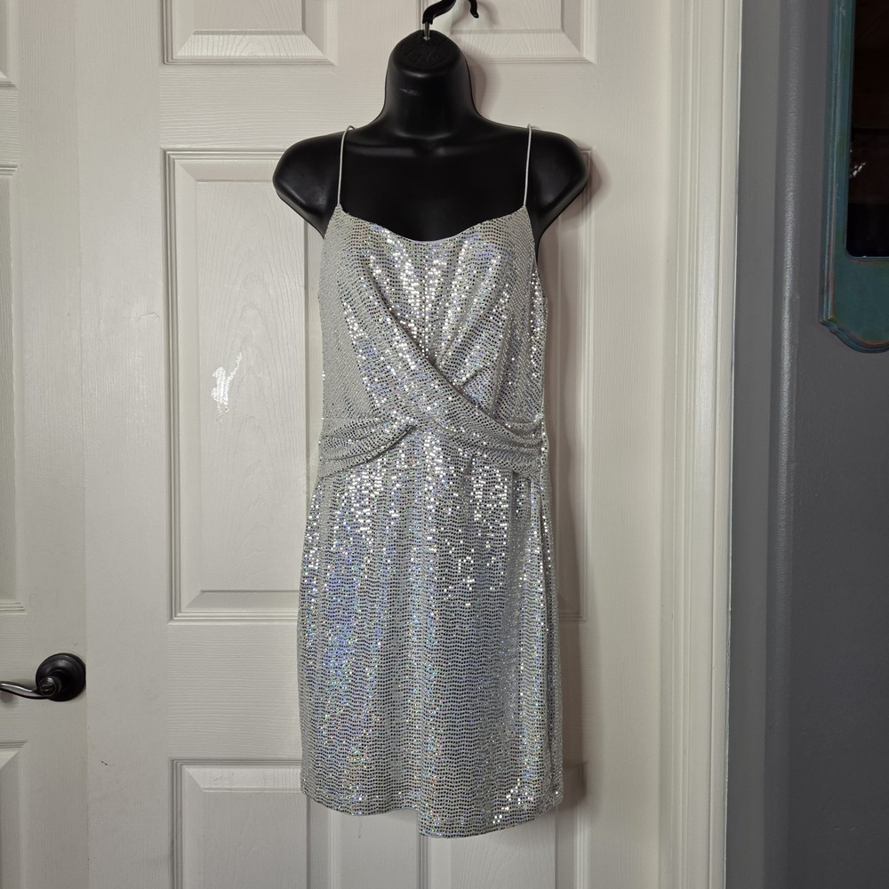 As U Wish Silver Shimmery Mini Dress Spaghetti Straps Cocktail Formal Fairy Med
